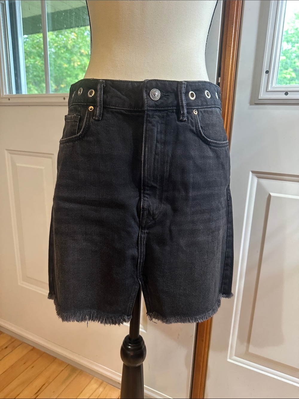 AllSaints Black Denim Grommet Detail Mini Skirt